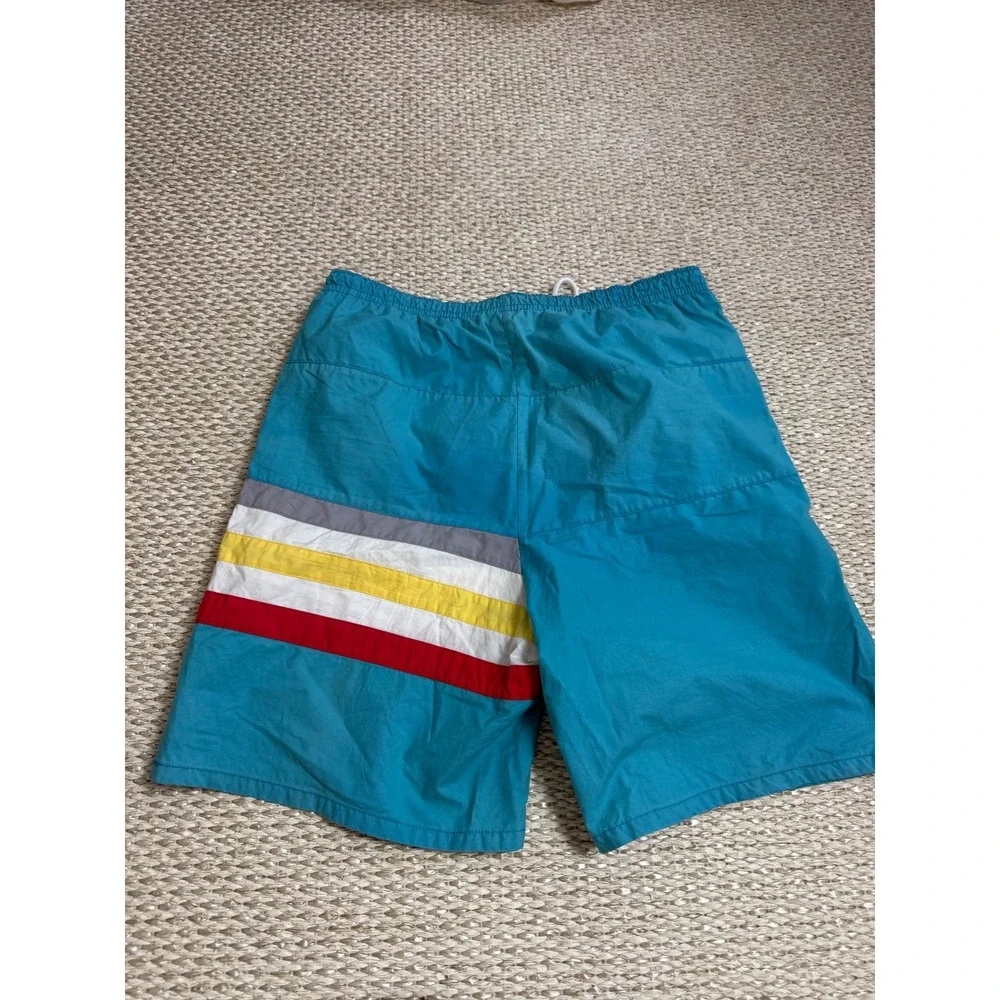 Vintage Izod Lacoste Mens Teal Blue Striped Swim Trunks Board Shorts Size M
